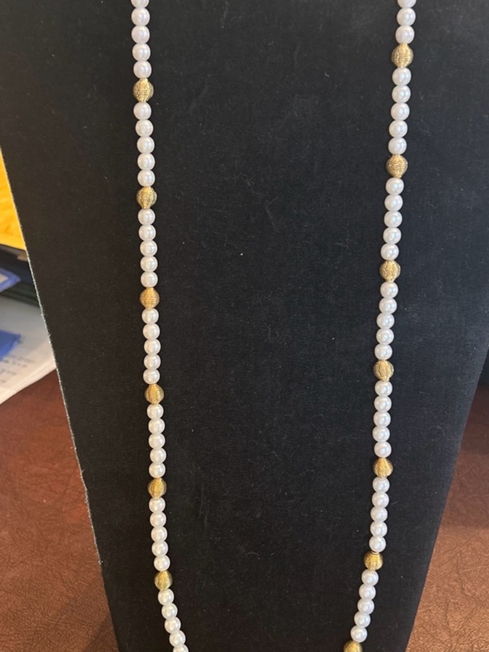 Classic White Pearl & Gold Bead Long Necklace 28”- Women Jewelry
